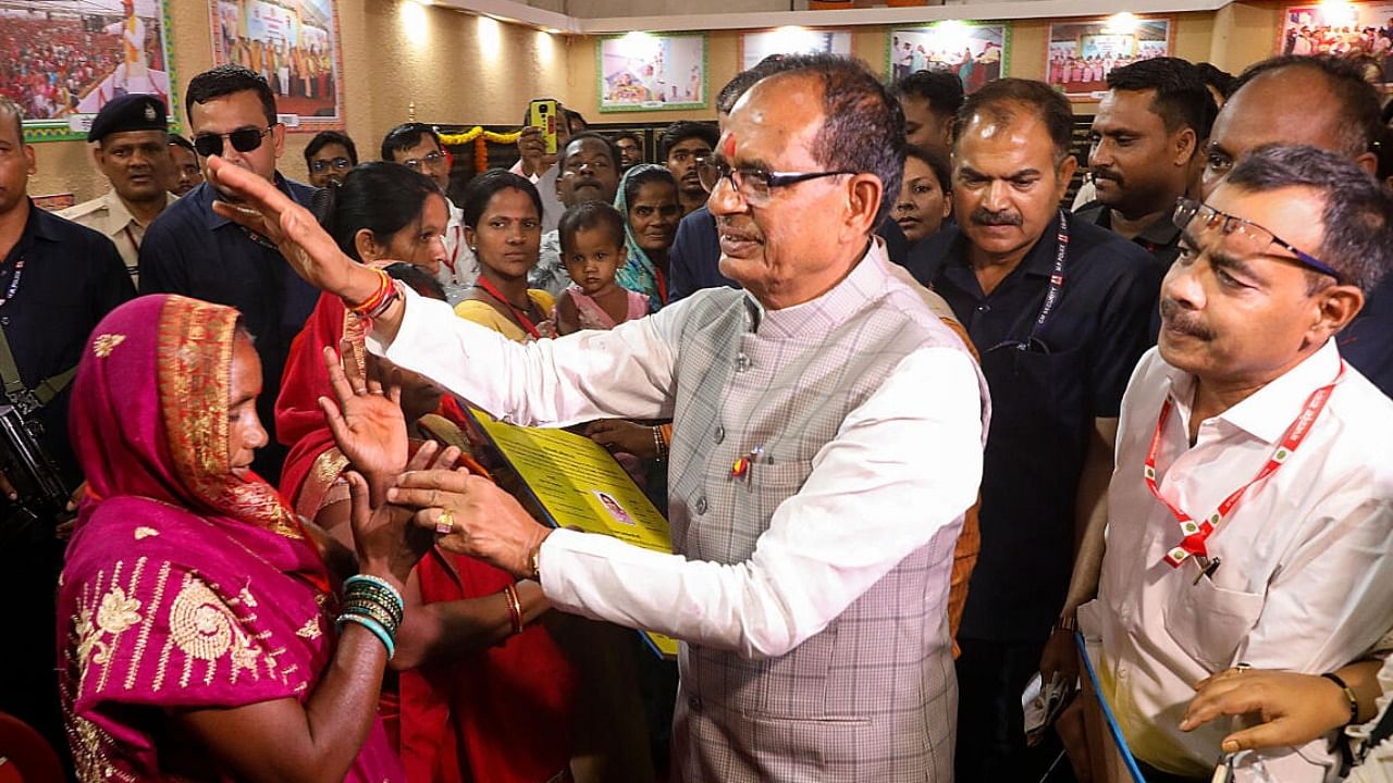 Madhya Pradesh Chief Minister Shivraj Singh Chouhan during the amount distribution of Ladli Bahna Yojana, in Jabalpur. Credit: PTI Photo