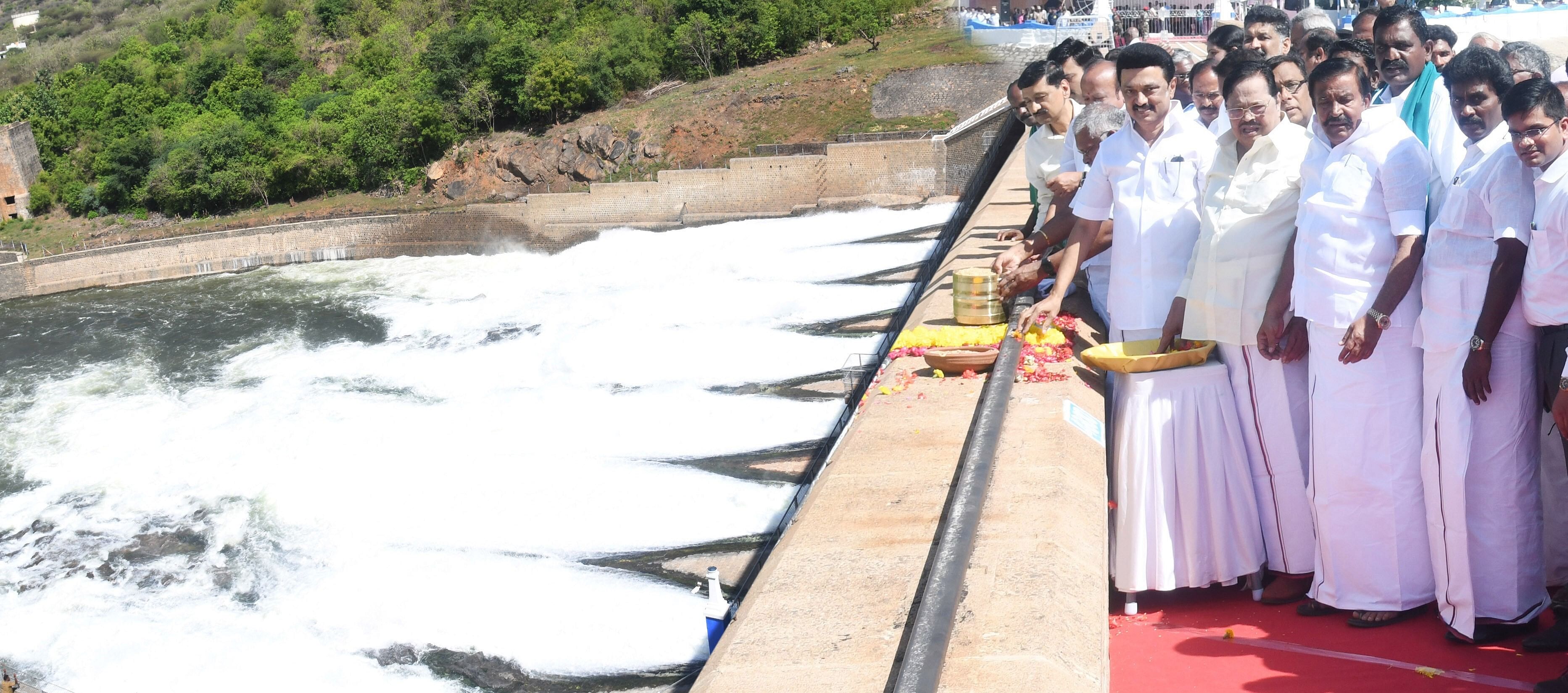 Tamil Nadu Chief Minister M K Stalin during the release of water from Mettur Dam to cultivate Kuruva for farmers in Cauvery delta areas, in Salem. Credit: @CMOTamilnadu