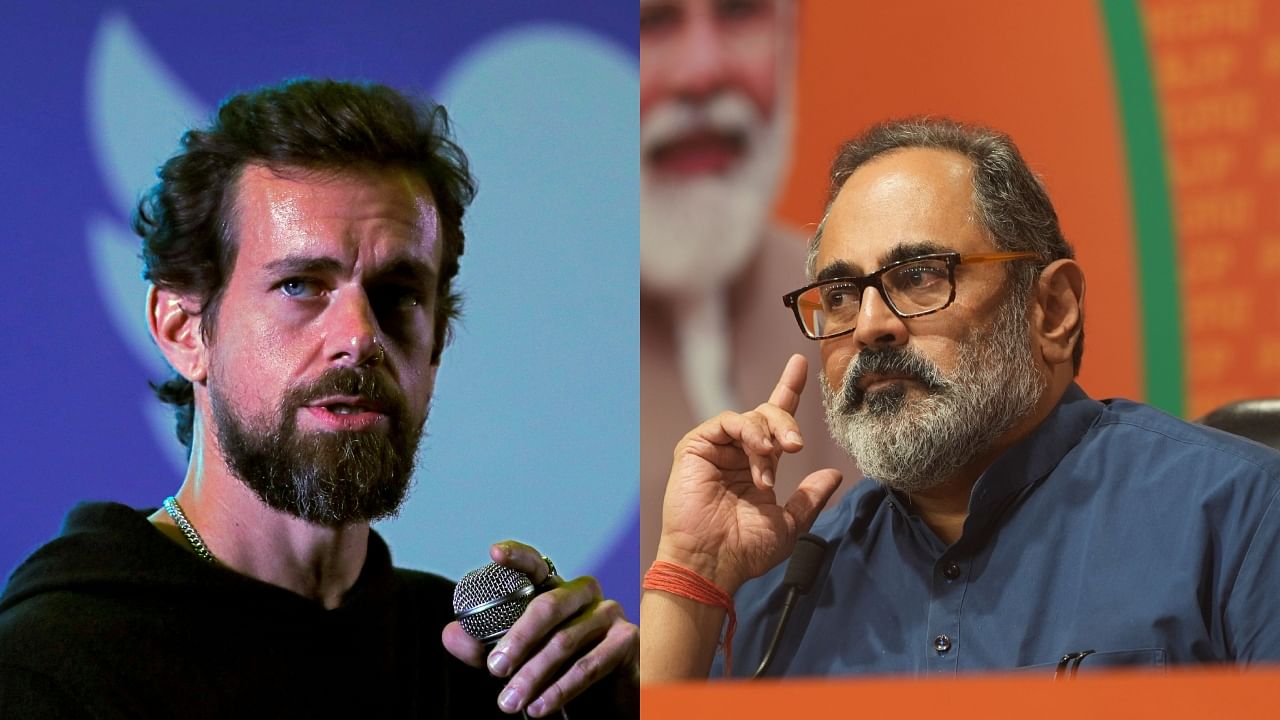Twitter co-founder Jack Dorsey (L) and Union minister Rajeev Chandrasekhar. Credit: Reuters/PTI Photos