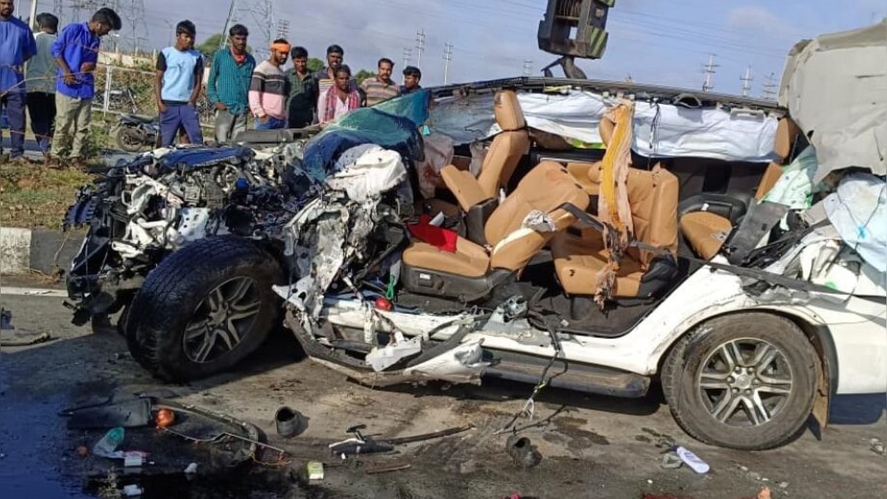 The impact of crash has reduced the car into a heap of metal.