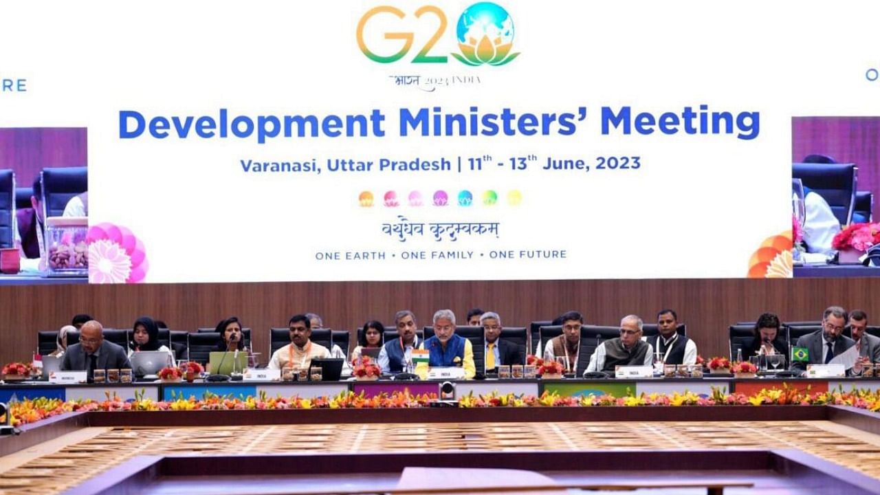 External Affairs Minister S Jaishankar and other delegates during G20 Development Ministers' meeting, in Varanasi. Credit: PTI Photo