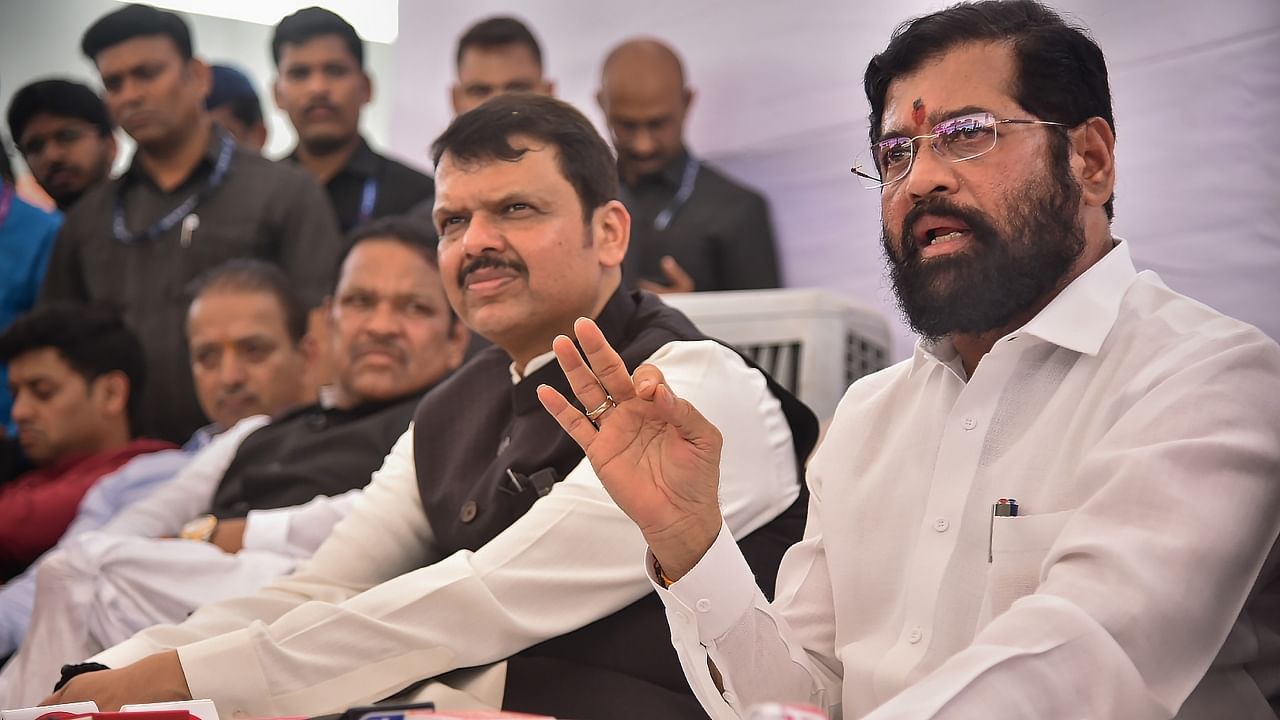 Maharashtra Chief Minister Eknath Shinde with Deputy Chief Minister Devendra Fadnavis. Credit: PTI Photo