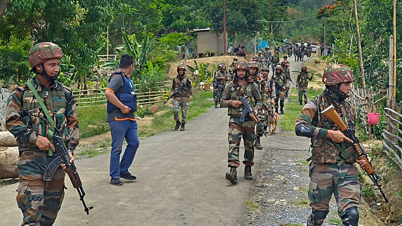 Security personnel during a combing operation in sensitive areas of Manipur, Wednesday, June 7, 2023. Credit: PTI Photo