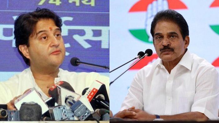 Aviation Minister Jyotiraditya Scindia and Congress leader K C Venugopal. Credit: IANS Photo