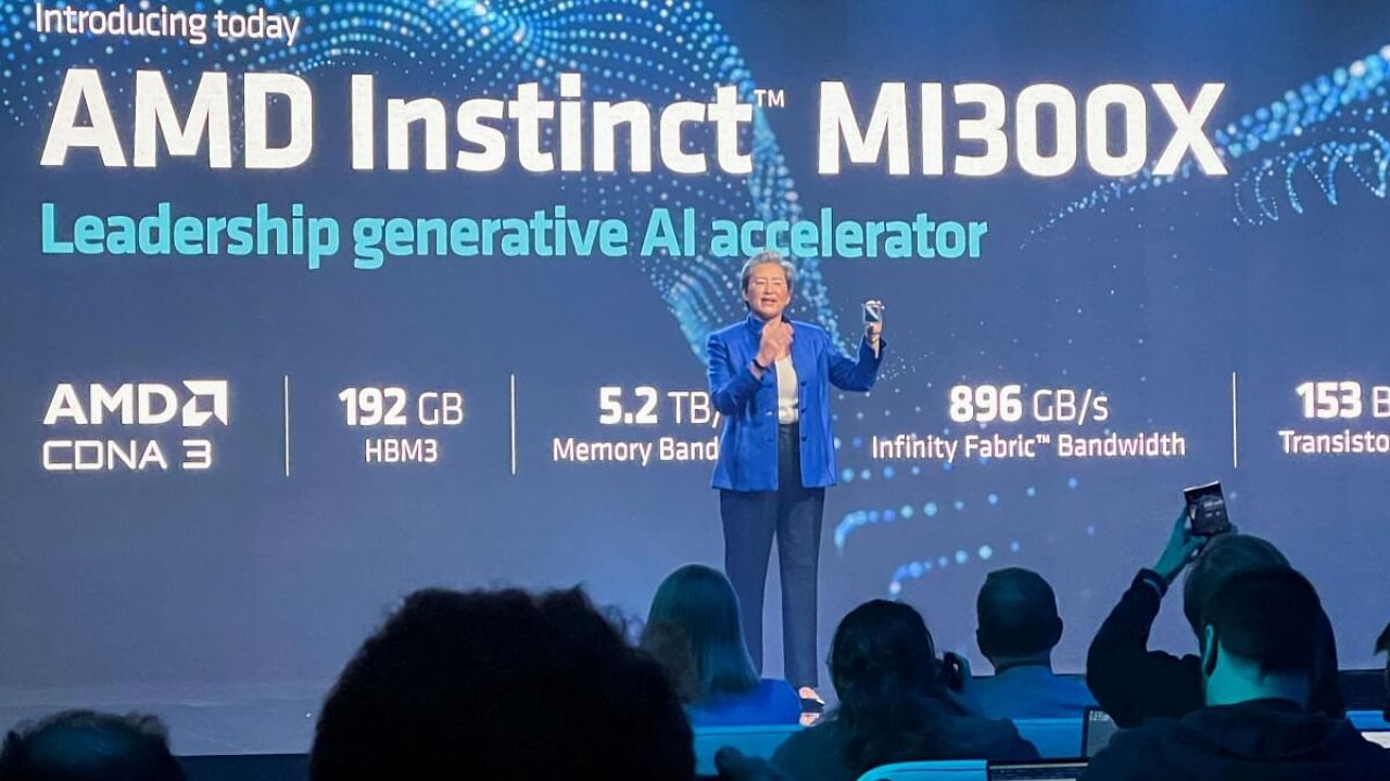 AMD Chief Executive Lisa Su holds the company's new MI300X chip at an event outlining AMD's artificial intelligence strategy in San Francisco. Credit: Reuters Photo