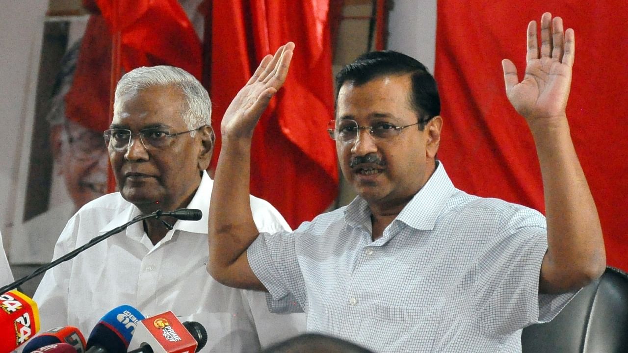 Delhi Chief Minister and AAP Convener Arvind Kejriwal along with Communist Party of India (CPI) General Secretary D. Raja address a press conference after their meeting over Centre's ordinance over control of services in the national capital, in New Delhi, Wednesday, June 14, 2023. Credit: IANS Photo