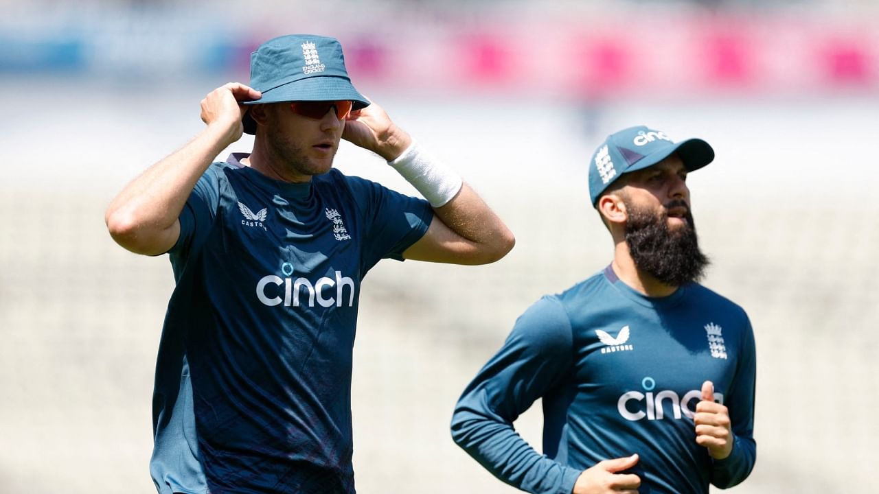England's Moeen Ali with Stuart Broad during practice, June 13, 2023. Credit: Action Images via Reuters