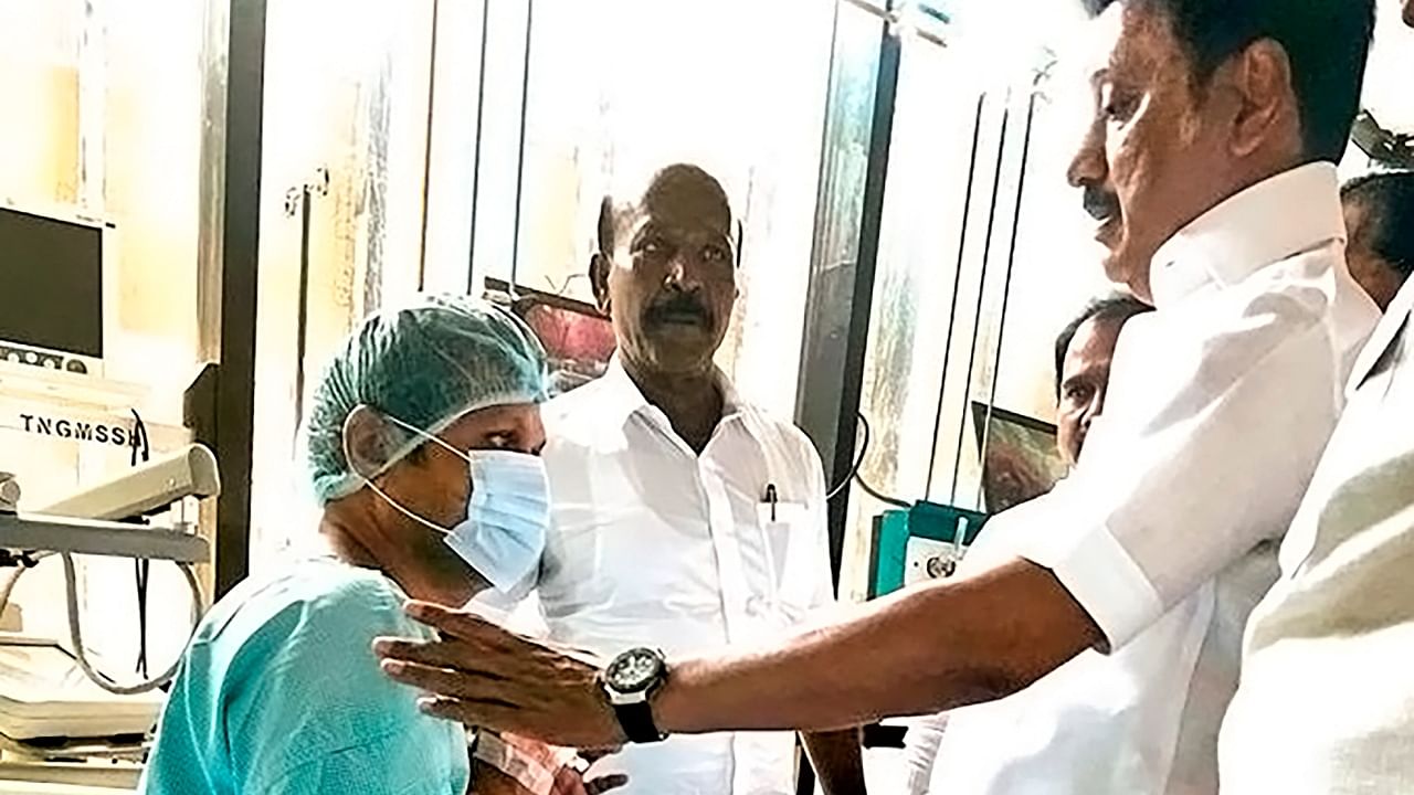 Tamil Nadu Chief Minister MK Stalin meets Tamil Nadu Electricity Minister V Senthil Balaji, who was admitted to hospital following his arrest by Enforcement Directorate (ED). Credit: Twitter/@mkstalin