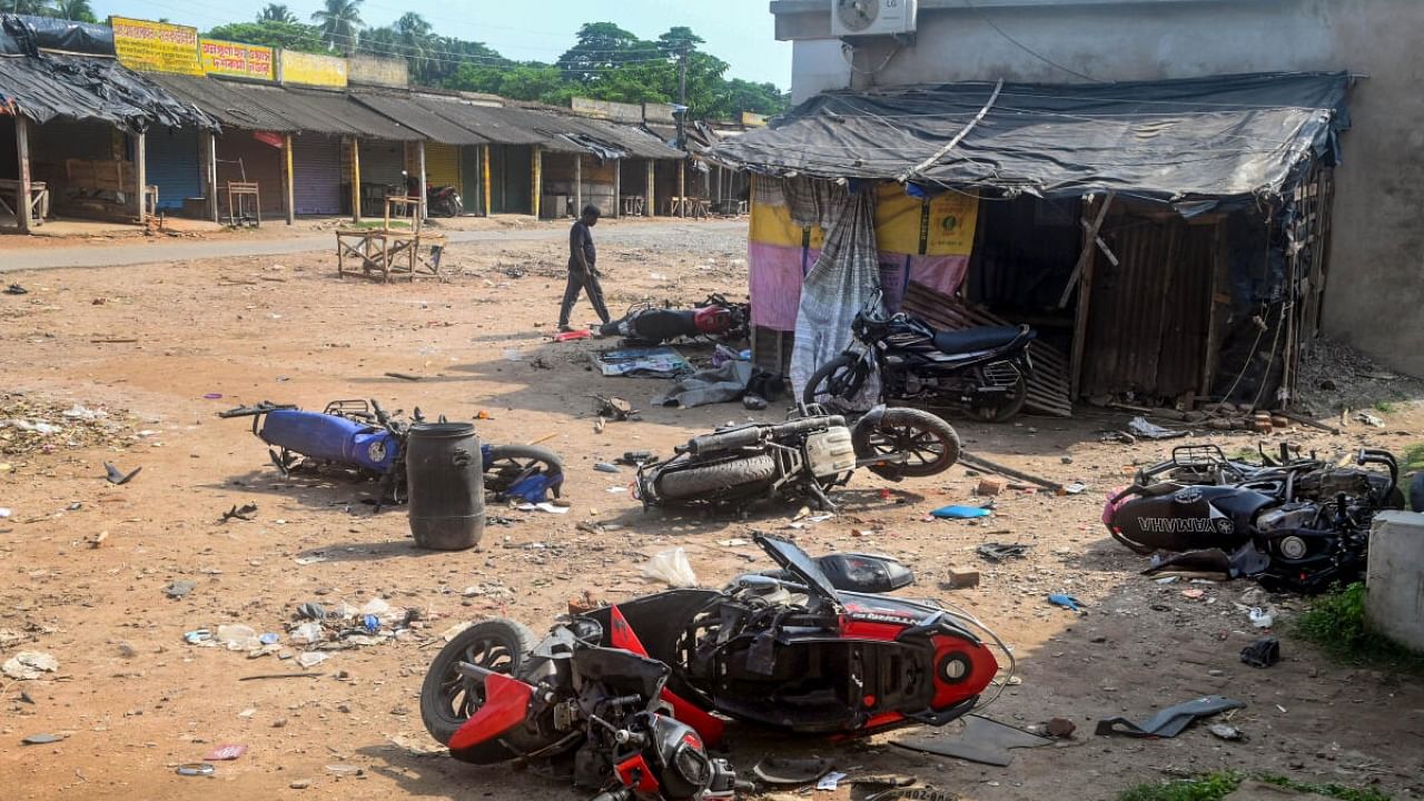 Damaged vehicles after a violent clash broke out between workers of the Indian Secular Front (ISF) and the Trinamool Congress (TMC) during nomination filing for panchayat polls, at Bhangar in South 24 Parganas district. Credit: PTI Photo