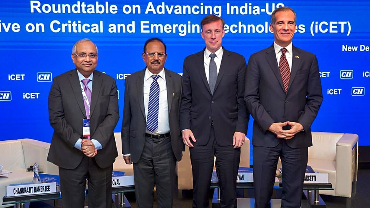 (From left) Director General of the Confederation of Indian Industry (CII) Chandrajit Banerjee, National Security Advisor Ajit Doval, National Security Advisor of the United States Jake Sullivan and US Ambassador to India Eric Garcetti. Credit: PTI Photo