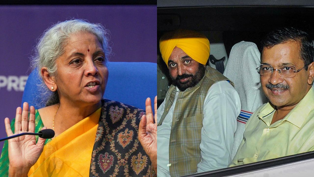 Union Finance Minister Nirmala Sitharaman (L) and Delhi and Punjab Chief Ministers Arvind Kejriwal and Bhagwant Mann. Credit: PTI Photos