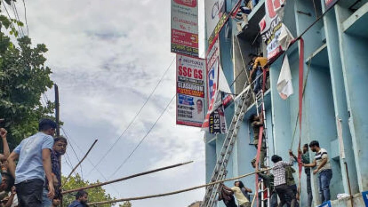 Visuals where a fire broke out in a building in Delhi's Mukherjee Nagar. Credit: PTI Photo