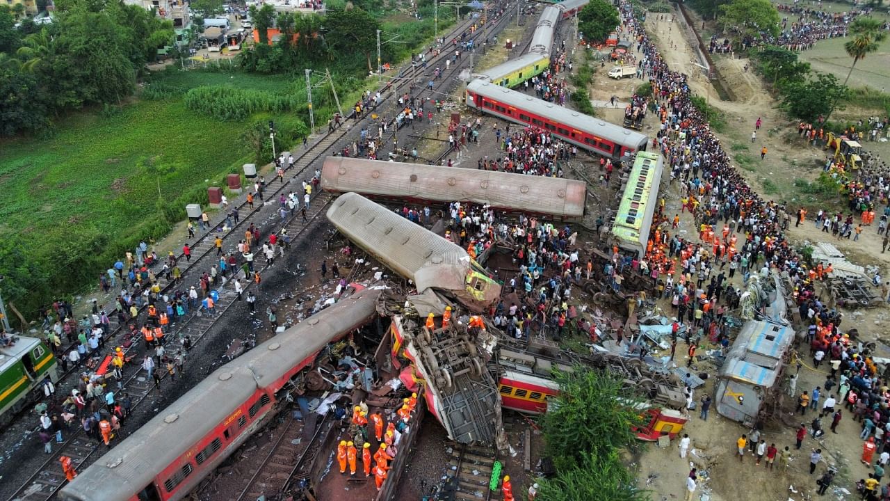 A drone view shows derailed coaches after trains collided in Balasore. Credit: PTI Photo