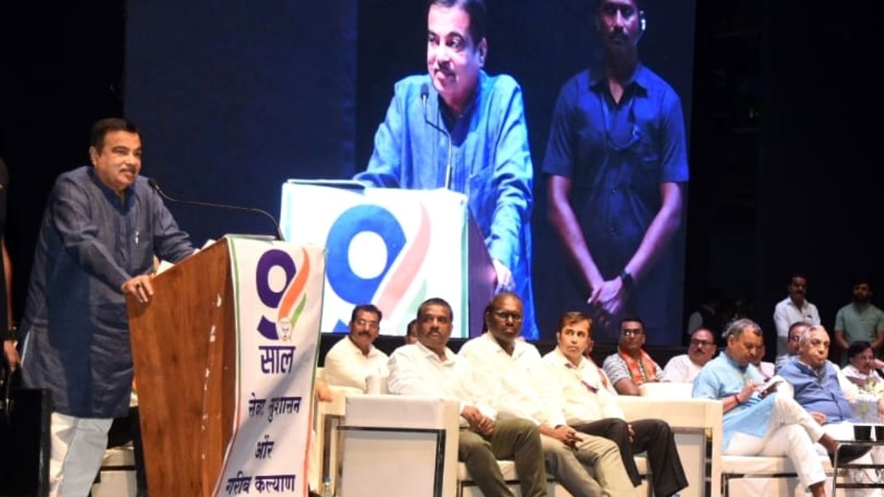 Union Minister for Road Transport and Highways Nitin Gadkari addresses an event organised to mark the completion of nine years of the Modi government, in Nagpur, on Saturday, June 17, 2023. Credit: IANS Photo