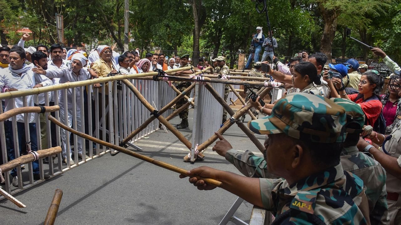 Contractual teachers stage a protest against Jharkhand Chief Minister Hemant Soren demanding permanent jobs and increase in salaries, in Ranchi, Saturday, June 17, 2023. Credit: PTI Photo