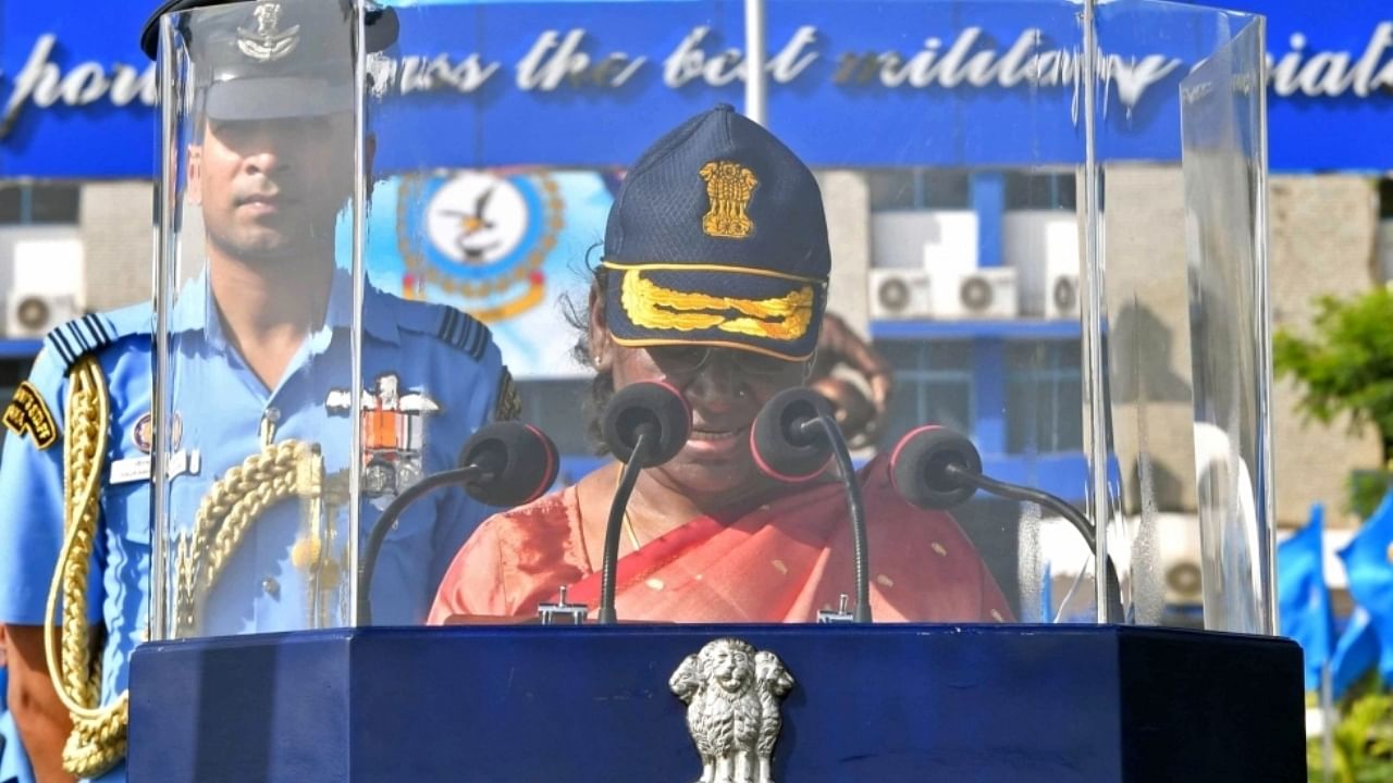 President Droupadi Murmu addresses after reviewing the Combined Graduation Parade at the Air Force Academy, in Dundigal, Telangana. Credit: IANS Photo