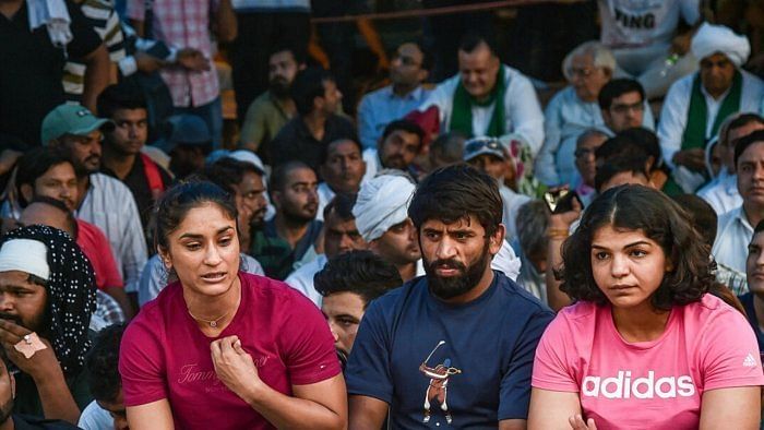 Protesting wrestlers at Jantar Mantar. Credit: PTI Photo