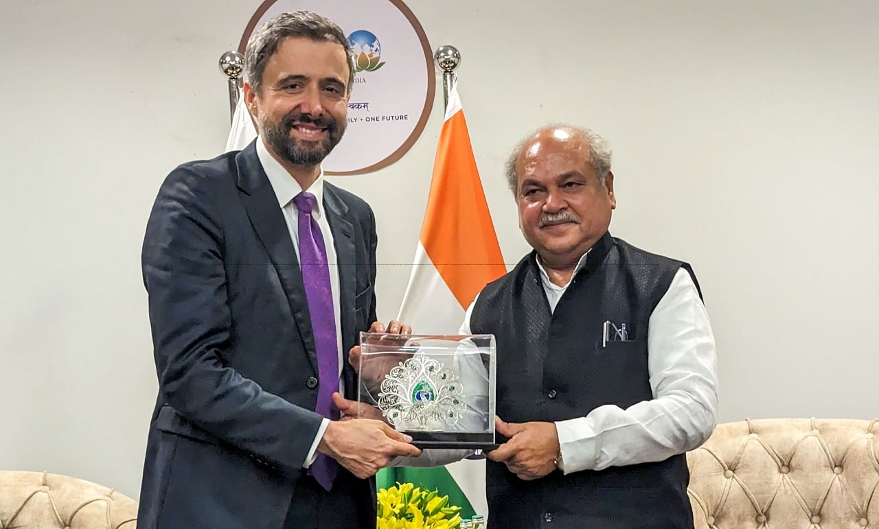 International Fund of Agricultural Development (IFAD) President Alvaro Lario with Union Agriculture Minister Narendra Singh Tomar during a meeting on the sidelines of G20 Agriculture Ministers’ Meeting, in Hyderabad, Thursday, June 15, 2023. Credit: PTI Photo