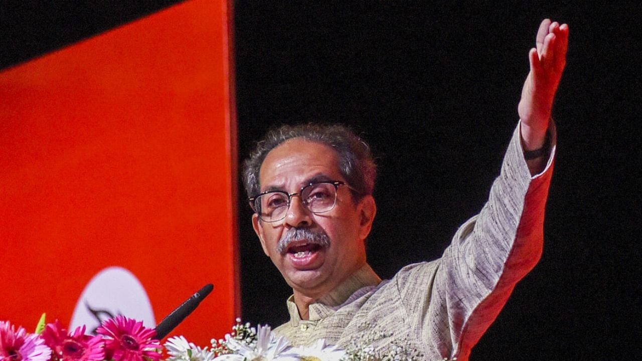 Shiv Sena (UBT) chief Uddhav Thackeray addresses the statewide office bearers camp at Worli, in Mumbai, Sunday. credit: PTI Photo