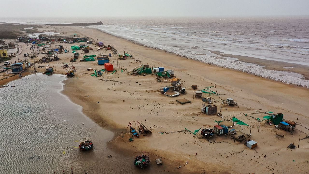 Damaged temporary structures at a beach, in the aftermath of Cyclone Biparjoy, in Mandvi. Credit: PTI Photo