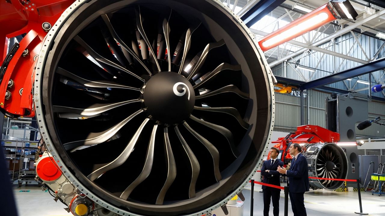 French President Emmanuel Macron visits the Safran Aircraft Engines site in Villaroche, near Paris, to tackle the decarbonization of the aviation industry ahead of the Le Bourget Air Show, France, June 16, 2023. Credit: Reuters Photo