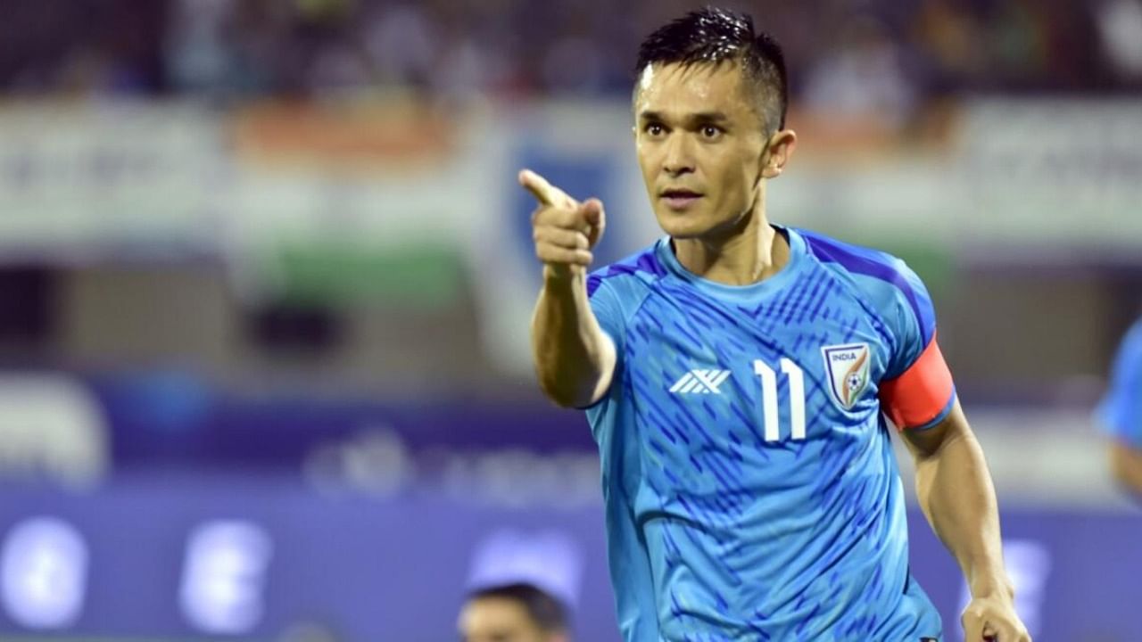 Sunil Chhetri celebrates after scoring a goal against Lebanon during Intercontinental cup 2023 final match at Kalinga Stadium in Bhubaneswar. Credit: IANS Photo