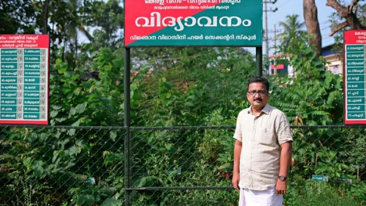 Raphi Ramanath at the Miyawaki forest in Alappuzha district of Kerala. Credit: DH Photo