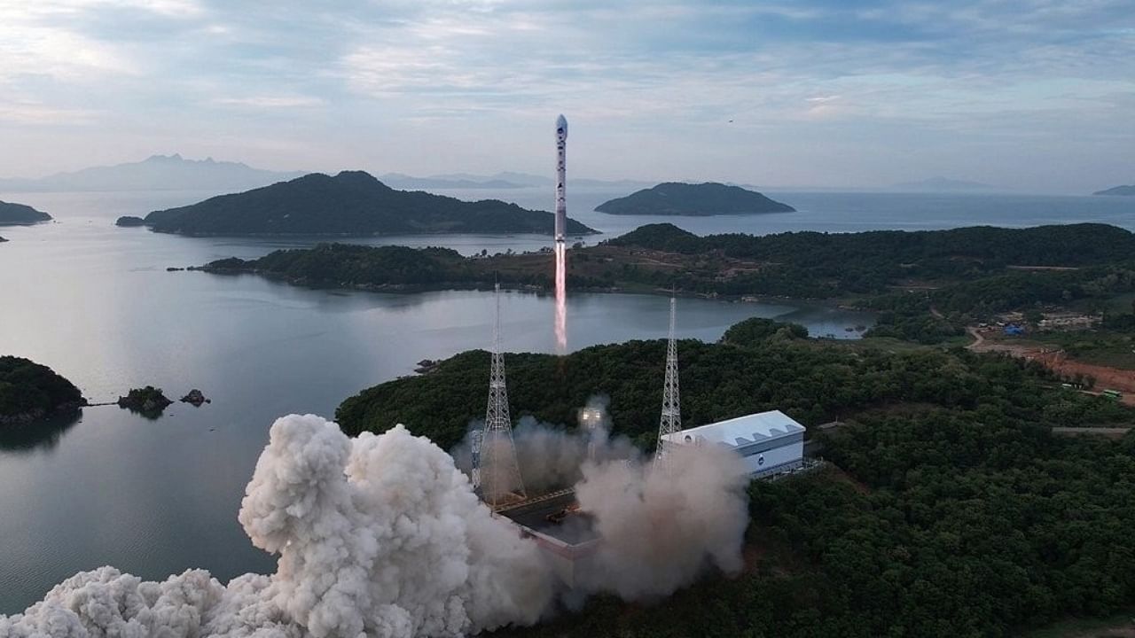Photo provided by North Korea's Korean Central News Agency on June 1, 2023, shows the launch of the North's new 'Chollima-1' rocket carrying a military reconnaissance satellite, 'Malligyong-1,' from Tongchang-ri on the North's west coast. Credit: Yonhap/IANS Photo
