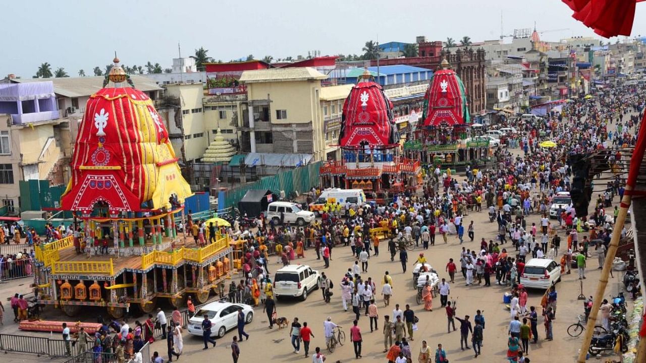Chariots of Lord Jagannath, Lord Balabhadra and Devi Subhadra ahead of the Rath Yatra festival, in Puri. Credit: PTI Photo