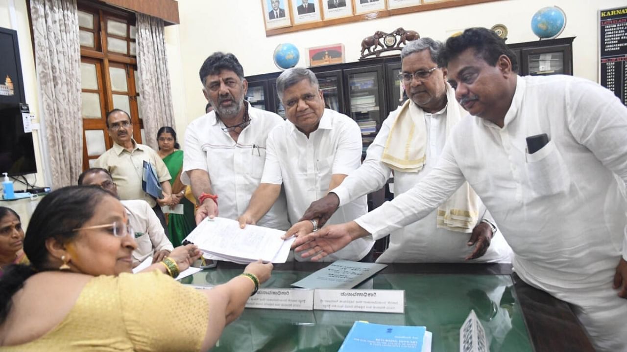 Jagdish Shettar files nomination papers as a candidate for the Legislative Council, to Assembly Secretary and Returning Officer MK Visalakshi. Credit: DH Photo
