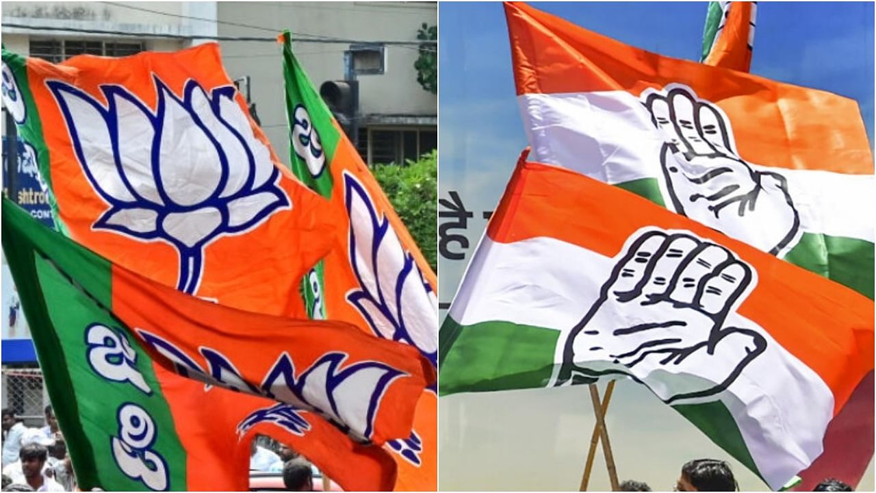 The party flags of BJP and Congress. Credit: DH File and PTI Photo 