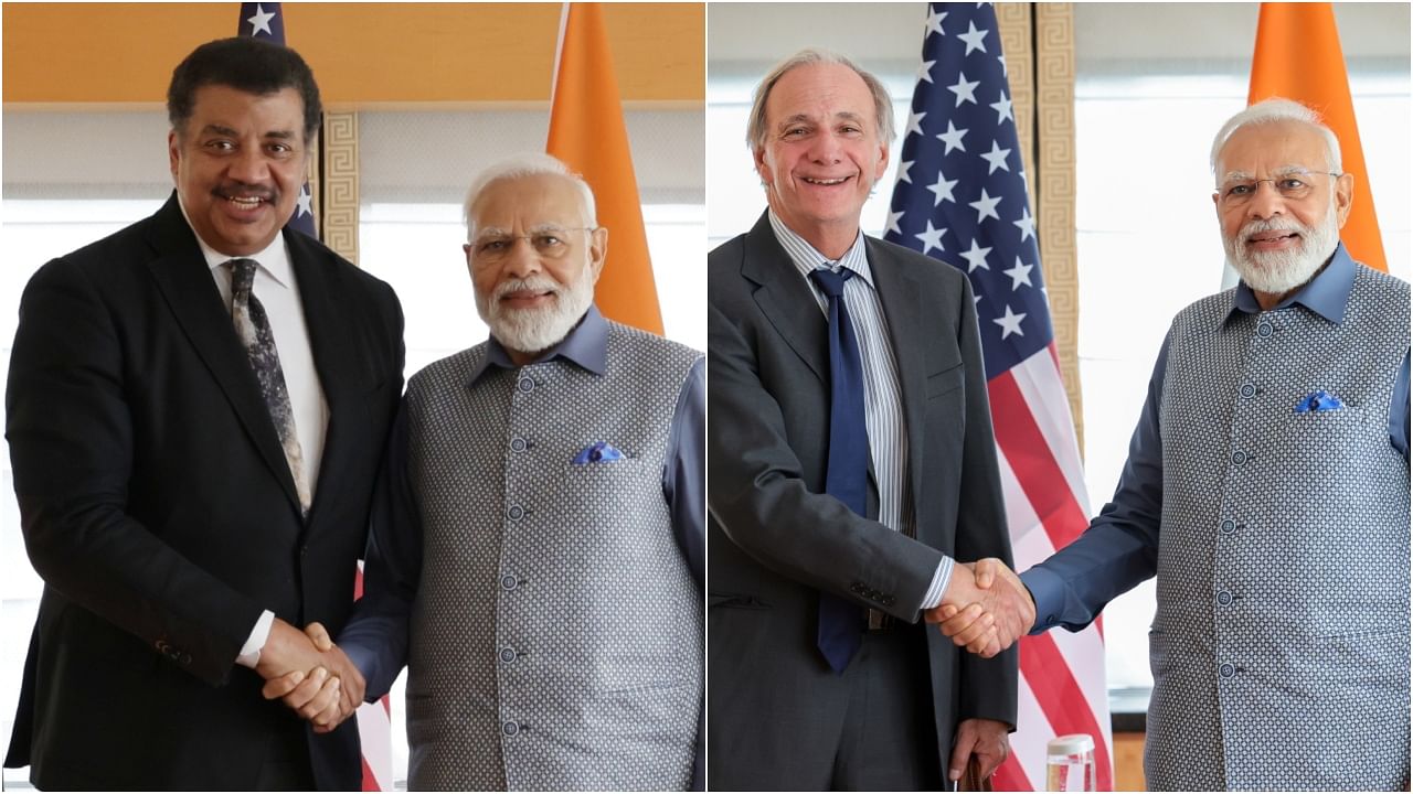 PM Narendra Modi with Neil de Grasse Tyson (L) and Ray Dalio(R). Credit: Twitter / @narendramodi