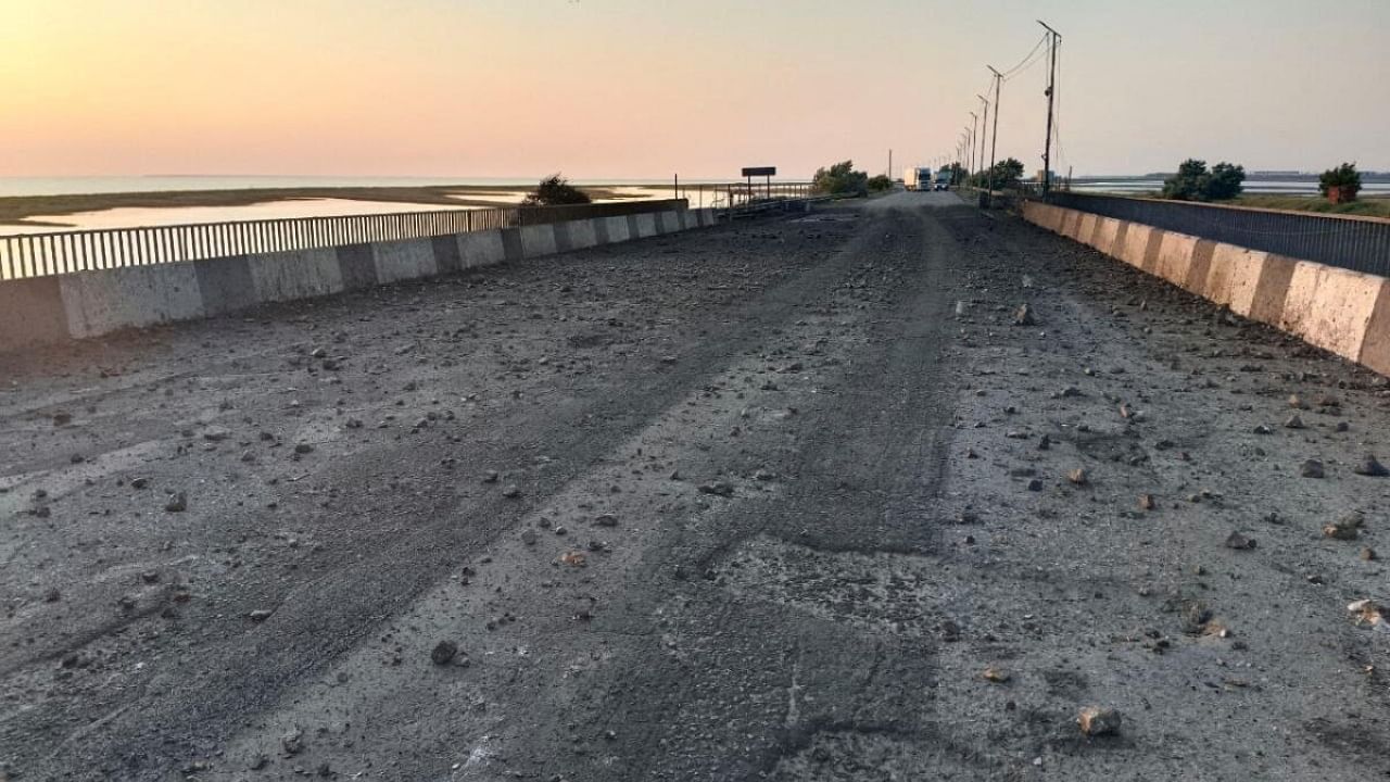 A view shows the damaged Chonhar bridge connecting Russian-held parts of Ukraine's Kherson region to the Crimean peninsula. Credit: Russian-installed leader of the Kherson region Vladimir Saldo via Telegram/Handout via Reuters