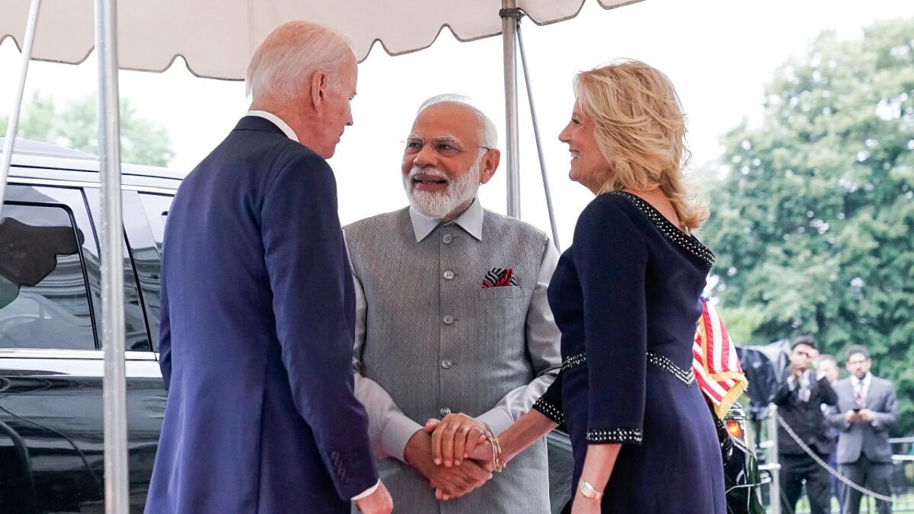 U.S. President Joe Biden and first lady Jill Biden welcome Prime Minister of India Narendra Modi to the White House in Washington. Credit: Reuters Photo