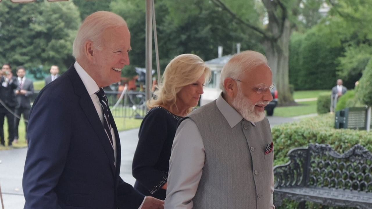 US President Joe Biden, First Lady Jill Biden and Prime Minister Narendra Modi. Credit: Twitter/@MEAIndia