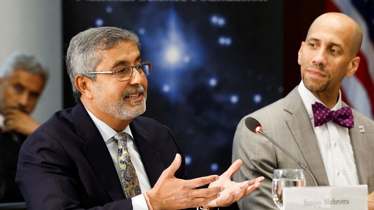 Sanjay Mehrotra, CEO of Micron Technology, speaks as US First Lady Jill Biden and Indian Prime Minister Narendra Modi (not pictured) visit the National Science Foundation in Alexandria, Virginia, US, June 21, 2023. Credit: Reuters Photo