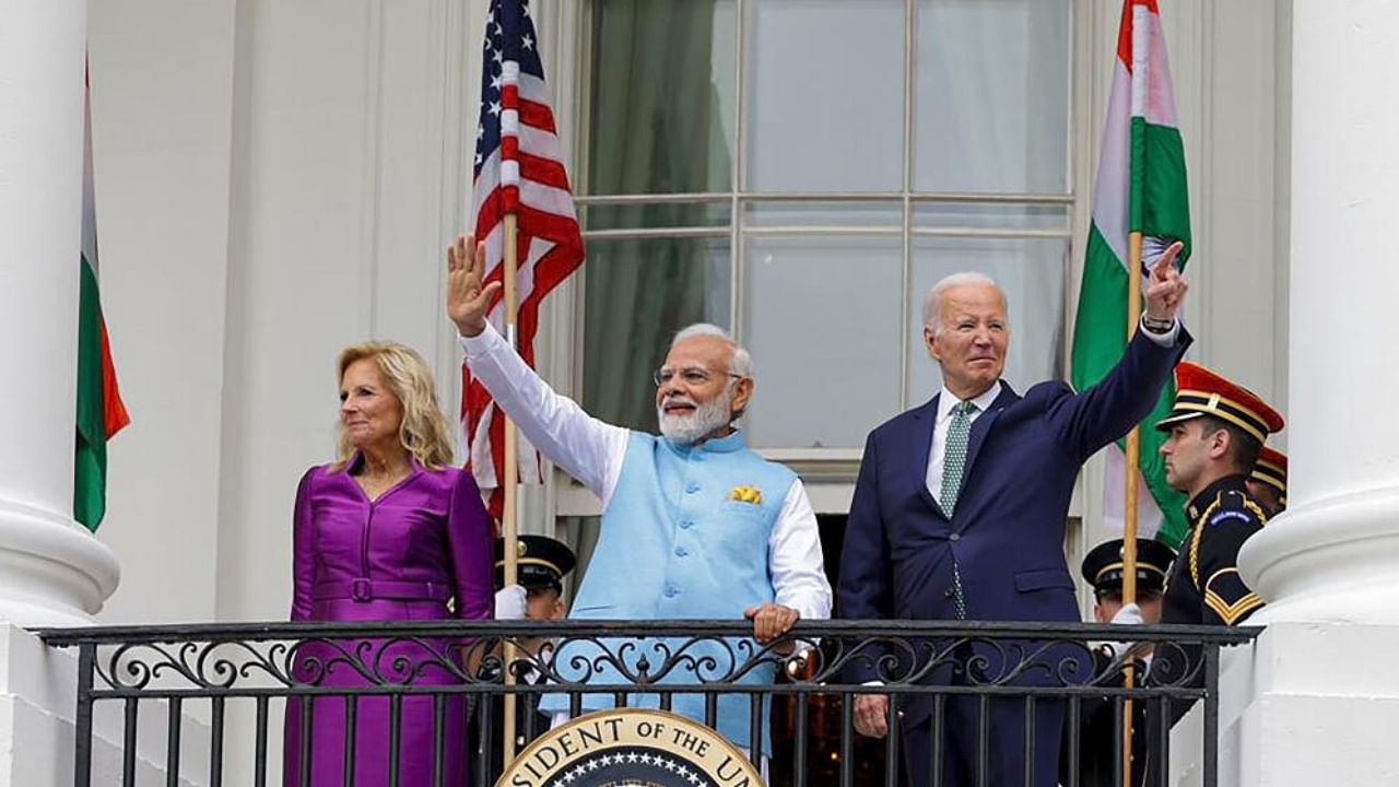 Prime Minister Narendra Modi with US President Joe Biden and First Lady Jill Biden at the White House. Credit: PTI Photo