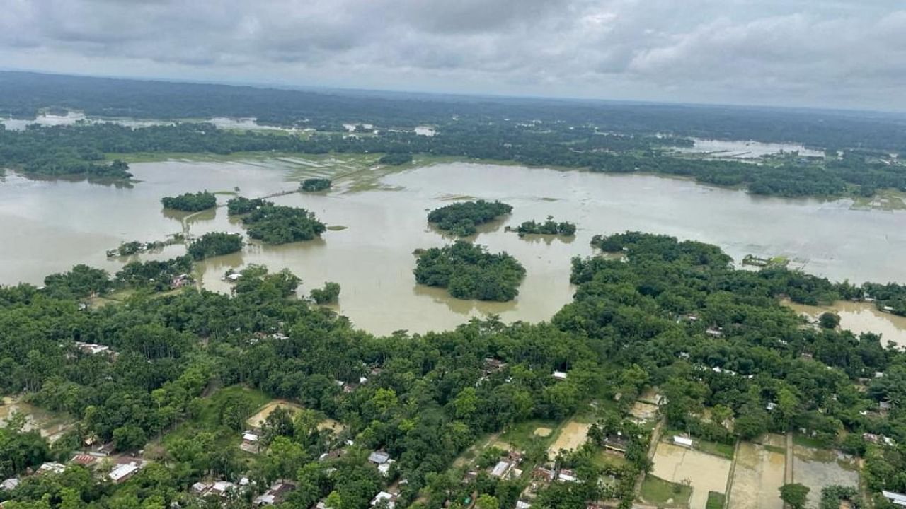 An aerial view shows flooded areas in Silchar. Credit: Reuters Photo