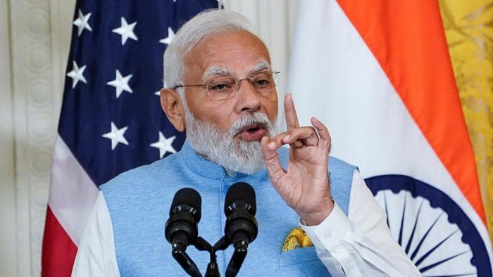 Prime Minister Narendra Modi speaks during a joint press conference with US President Joe Biden at the White House in Washington. Credit: Reuters Photo  