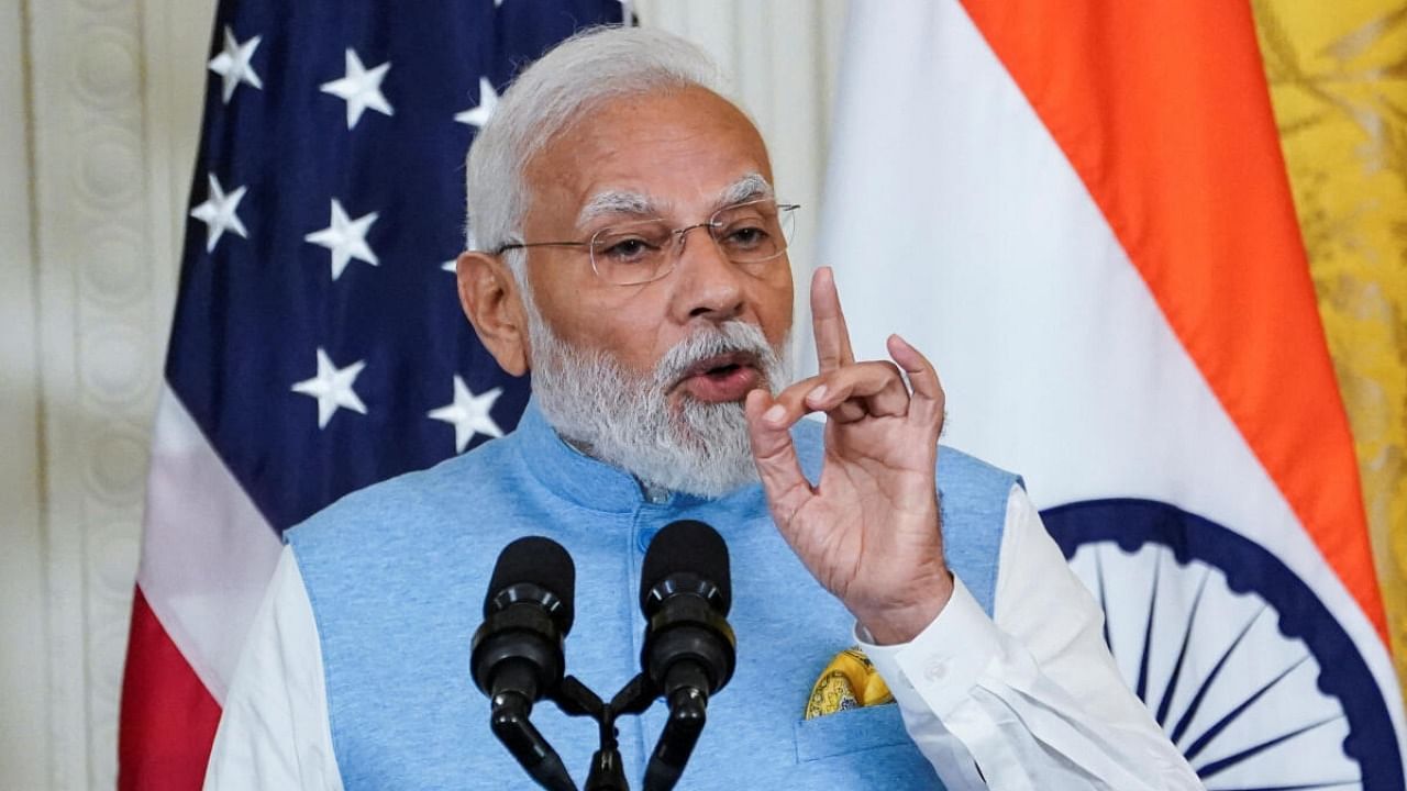 Prime Minister Narendra Modi speaks during a joint press conference with U.S. President Joe Biden at the White House in Washington. Credit: Reuters Photo