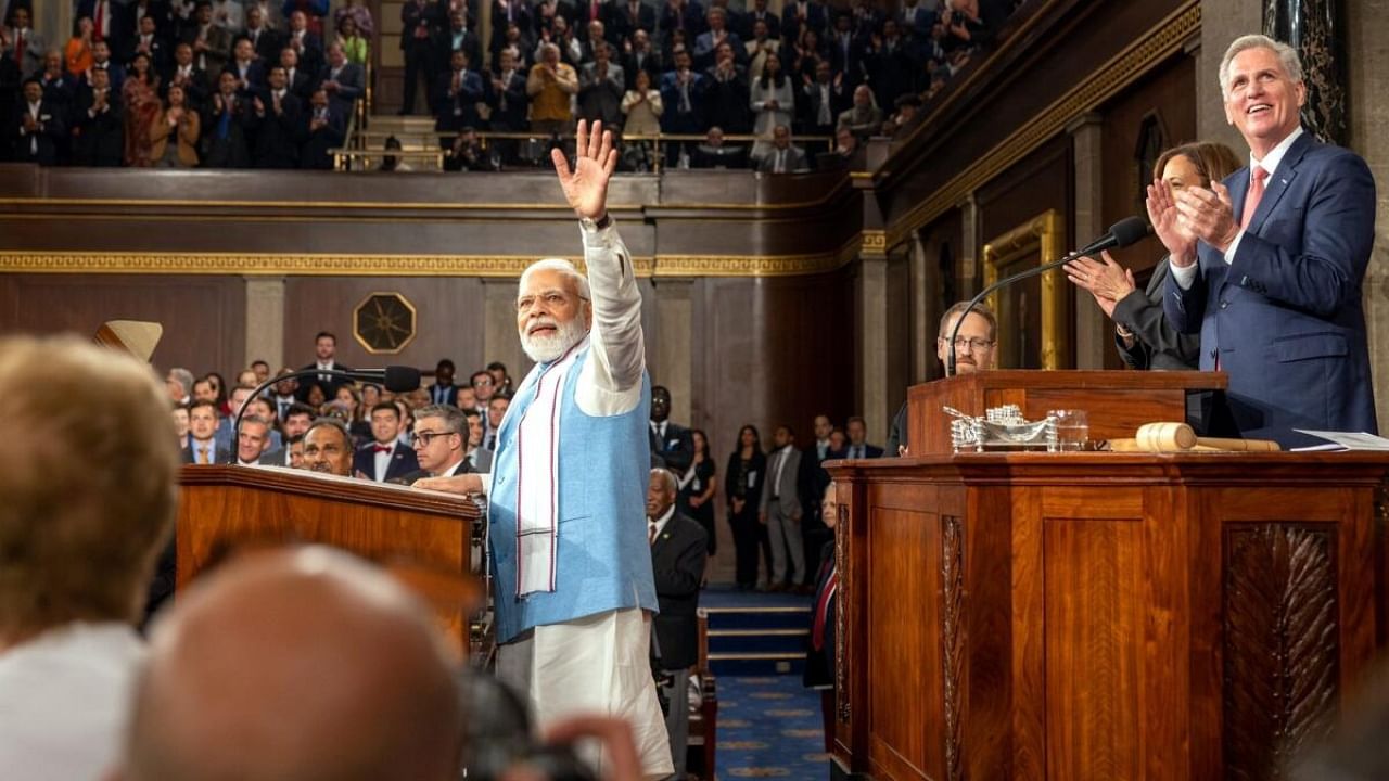 Prime Minister Narendra Modi addresses a joint meeting of Congress, at the Capitol in Washington, Thursday, June 22, 2023. Credit: PTI Photo