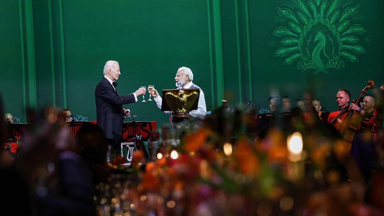 Prime Minister Narendra Modi at the State dinner hosted by the President of USA Joe Biden. Credit: PTI Photo
