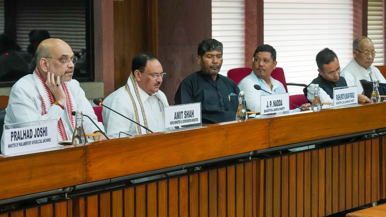 Union Home Minister Amit Shah with BJP National President J.P. Nadda, Union Minister & RLJP chief Pashupati Kumar Paras, Meghalaya CM & National People's Party chief Conrad Sangma, Sikkim CM & Sikkim Krantikari Morcha chief Prem Singh Tamang, former Manipur CM and Congress leader Okram Ibobi Singh and TMC MP Derek O'Brien during an all-party meeting on violence in Manipur, in New Delhi, Saturday, June 24, 2023. Credit: PTI Photo