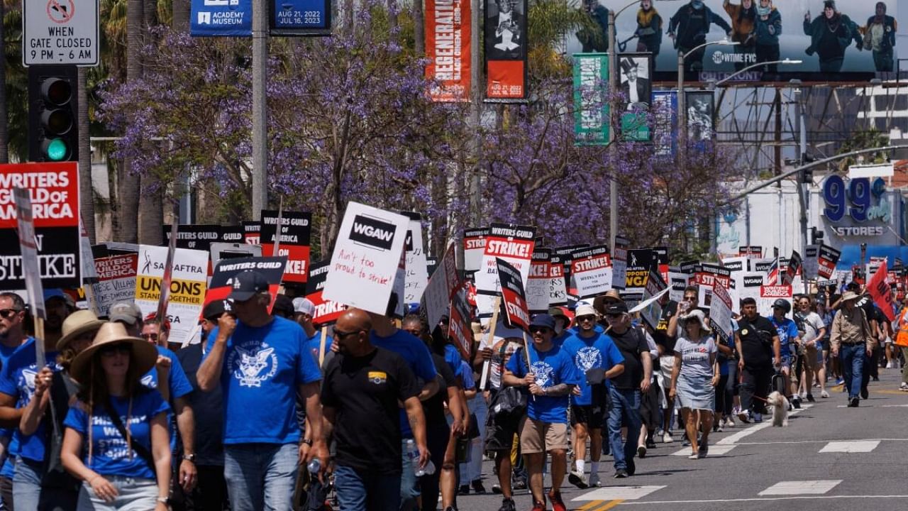 The Writers Guild of America holds a march and rally as the film and TV writers strike continues in Los Angeles, California, US. Credit: Reuters File Photo