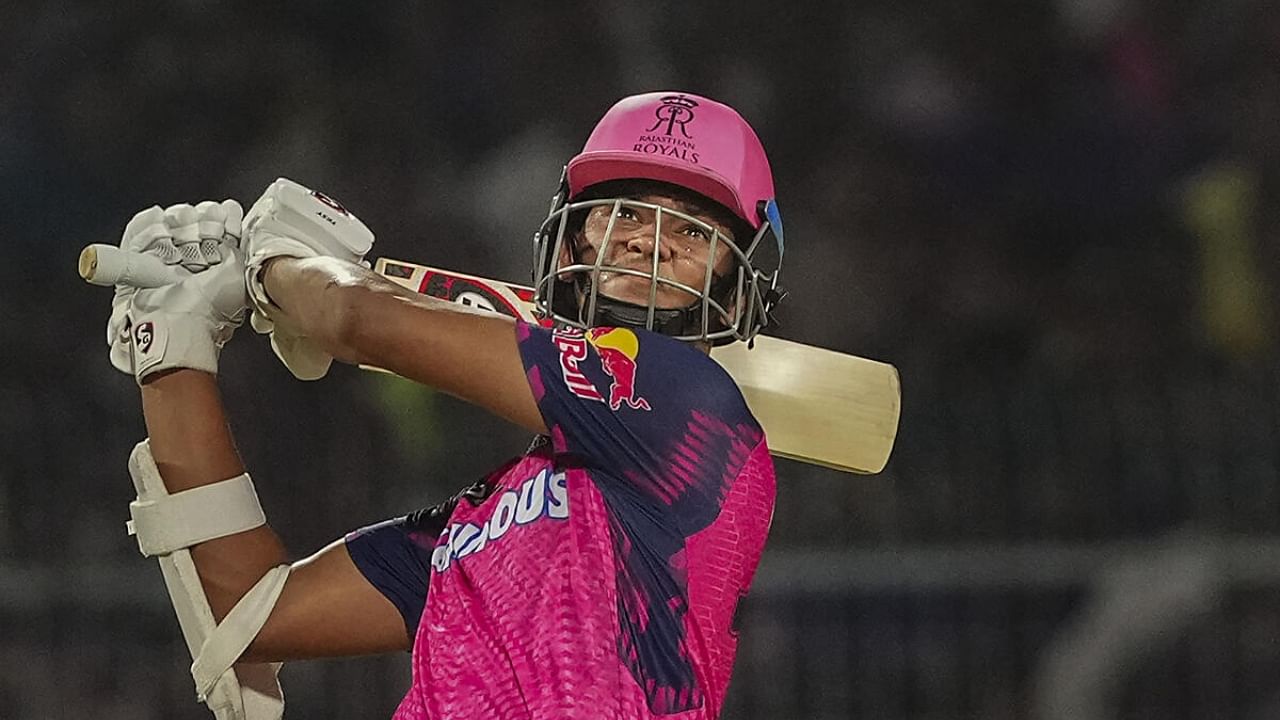 Rajasthan Royals batter Yashasvi Jaiswal plays a shot during the IPL 2023 cricket match between Kolkata Knight Riders and Rajasthan Royals, at Eden Gardens in Kolkata, Thursday, May 11, 2023. Credit: PTI File Photo