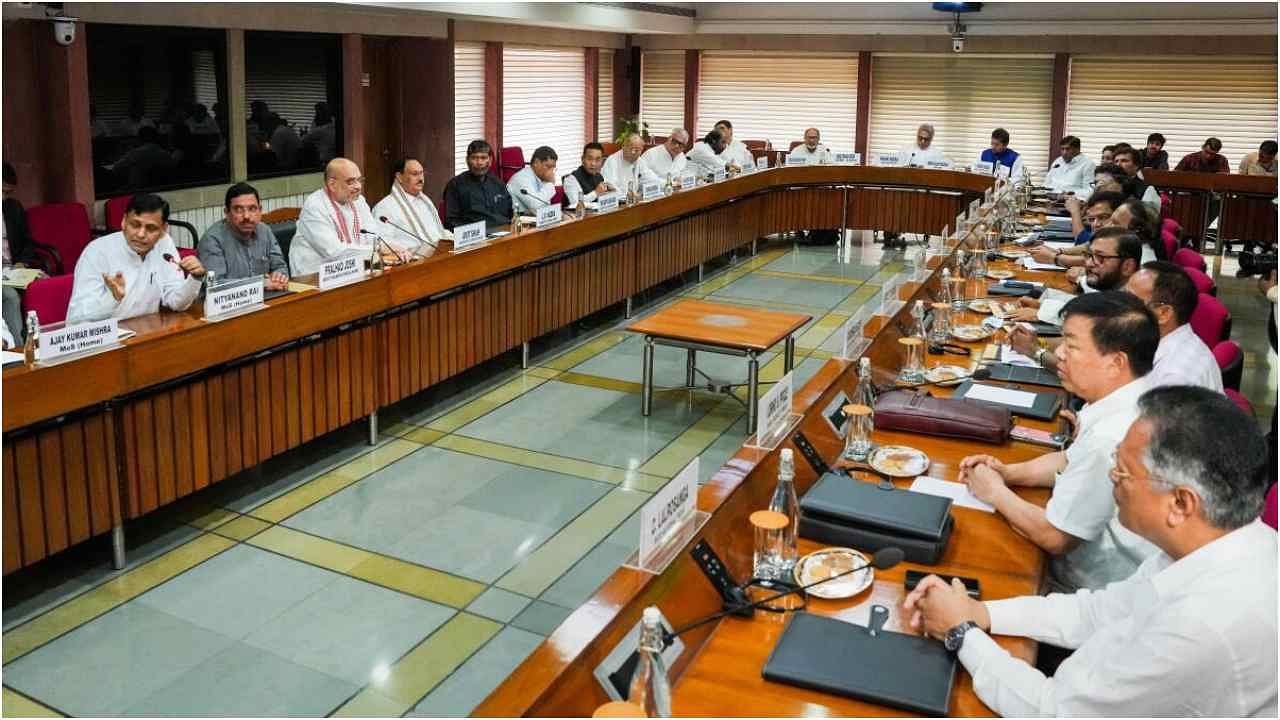 Union Home Minister Amit Shah chairs an all-party meeting on violence in Manipur, in New Delhi, Saturday, June 24, 2023. Credit: PTI Photo