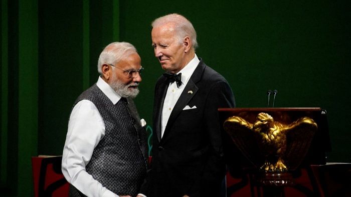 US President Joe Biden and Prime Minister Narendra Modi shake hands during an official state dinner at the White House in Washington DC. Credit: Reuters Photo