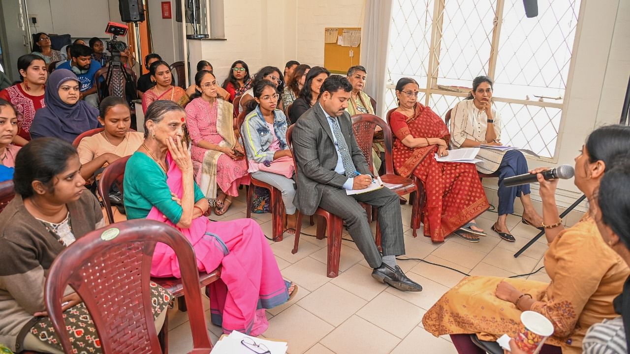 Women victims, survivors speak, share testimonies at the public hearing: “From Despair to Hope Survivors Share Stories” organised at Aweksha A Charitable Women’s Trust, Myrtle Line, Richmond Town in Bengaluru. Credit: DH Photo