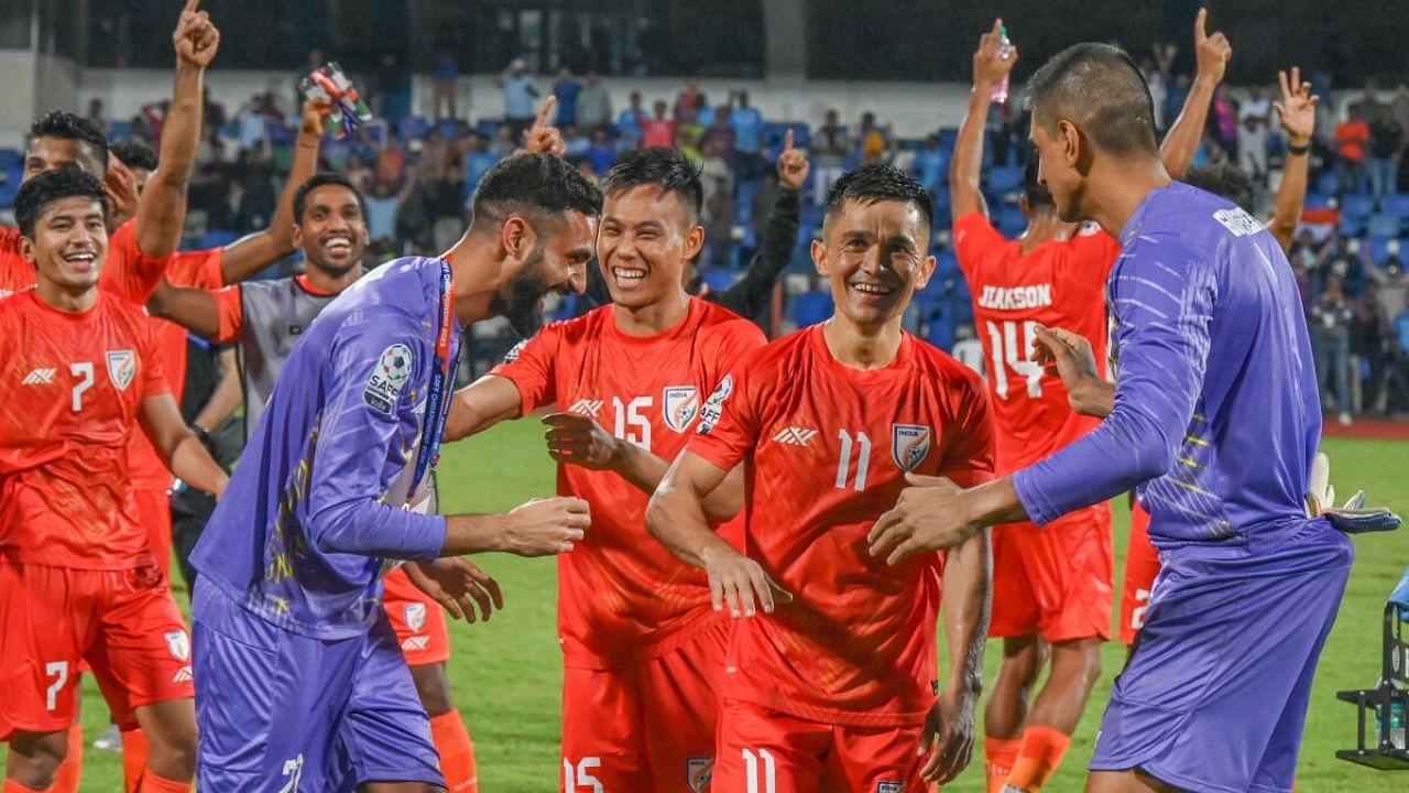Indian team captain Sunil Chhetri celebrates with teammates after winning a football match against Nepal during 2023 SAFF Championship at Sree Kanteerava Stadium, in Bengaluru, Saturday, June 24, 2023. Credit: DH Photo/SK Dinesh