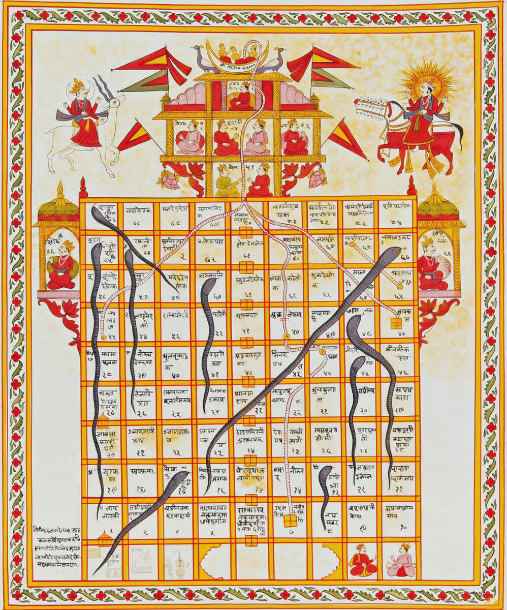 The Jain version of the game Snakes and Ladders called ‘Jnana Bazi’ or ‘Gyan Bazi’: Jain miniature, 19th century, gouache on cloth. Pic courtesy: Wikimedia Commons